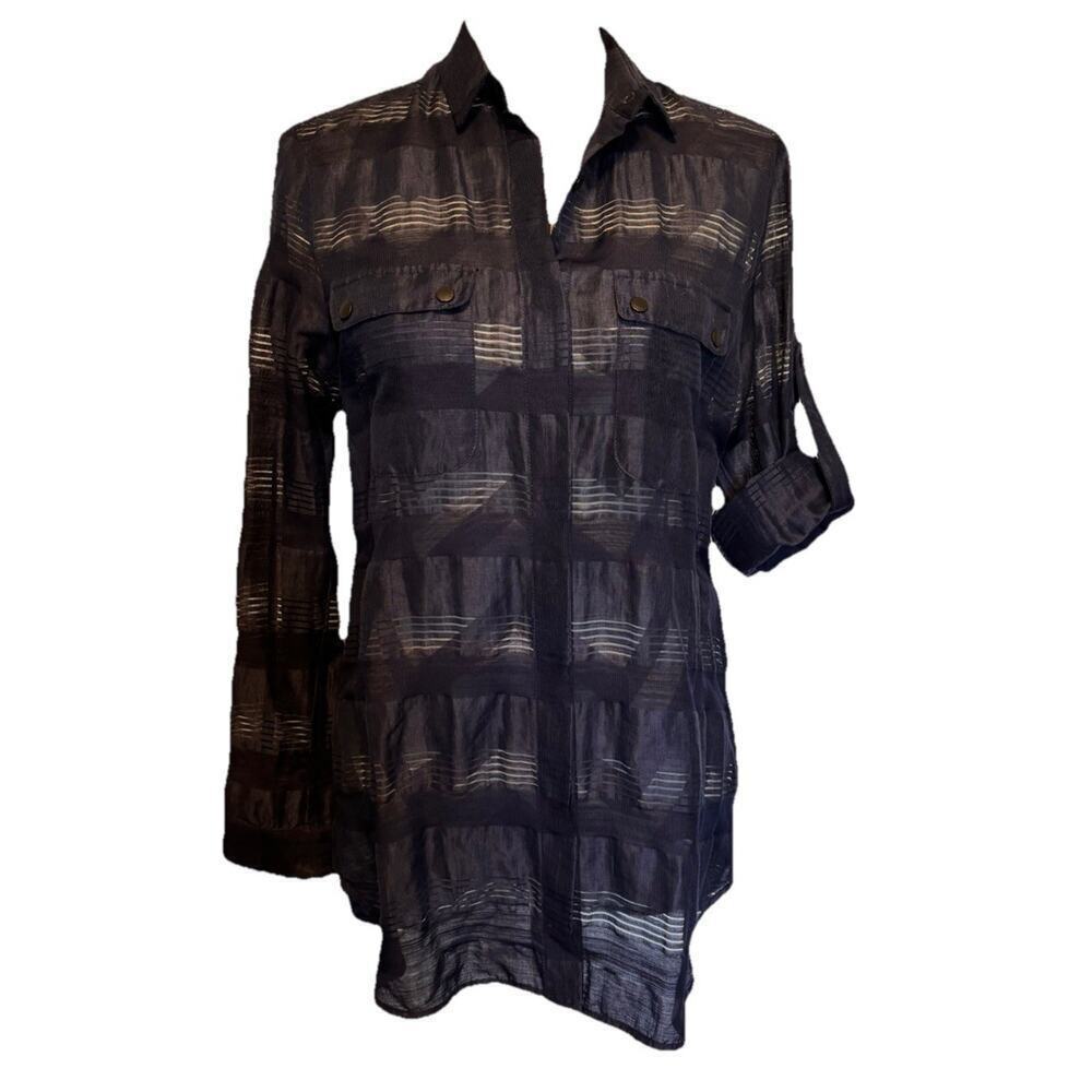Rag And Bone Ladies Long Sleeve Top Small Navy Sheer Tab Sleeve Button Up Collar
